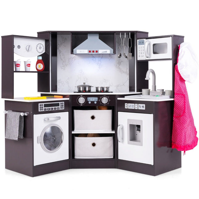 Wooden Play Kitchen with Light, Sound, Water Dispenser & Washer
