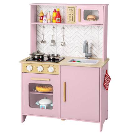 Wooden Play Kitchen with Microwave, Oven, Sink – Pink