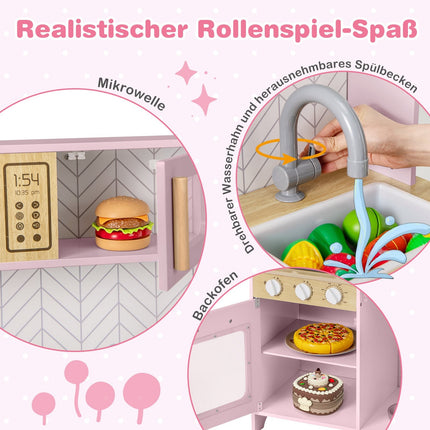 Wooden Play Kitchen with Microwave, Oven, Sink – Pink