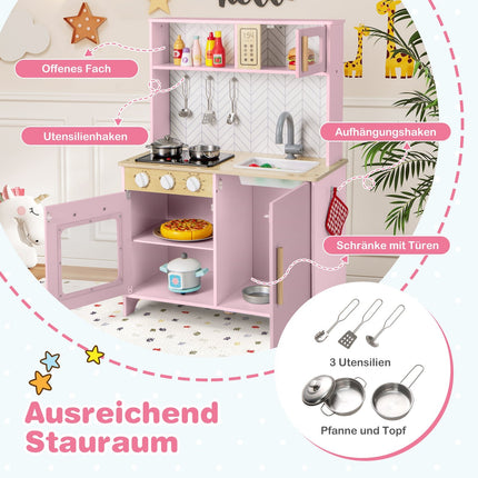 Wooden Play Kitchen with Microwave, Oven, Sink – Pink