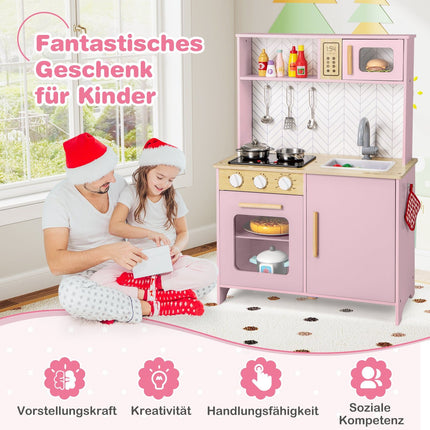 Wooden Play Kitchen with Microwave, Oven, Sink – Pink