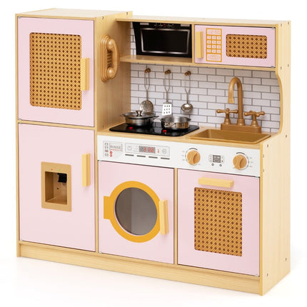 Wooden Play Kitchen with Rattan Doors, Light & Sound, Pink