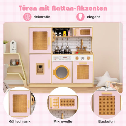 Wooden Play Kitchen with Rattan Doors, Light & Sound, Pink