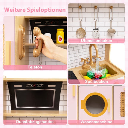 Wooden Play Kitchen with Rattan Doors, Light & Sound, Pink