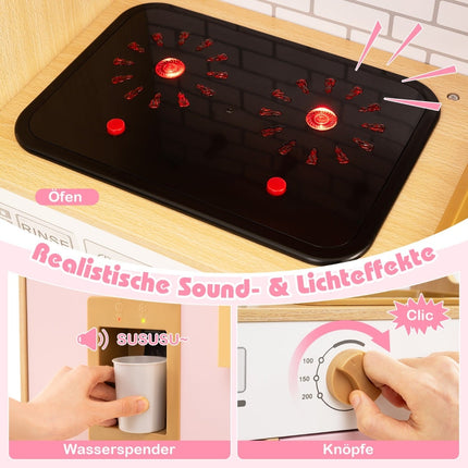 Wooden Play Kitchen with Rattan Doors, Light & Sound, Pink