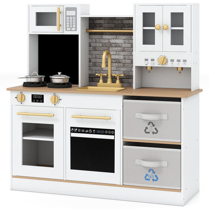 Wooden Play Kitchen with Sink, Lights, Sounds, Storage