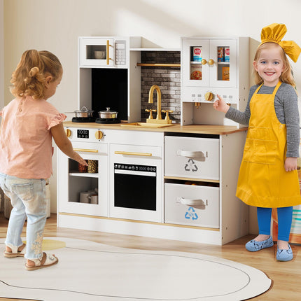Wooden Play Kitchen with Sink, Lights, Sounds, Storage