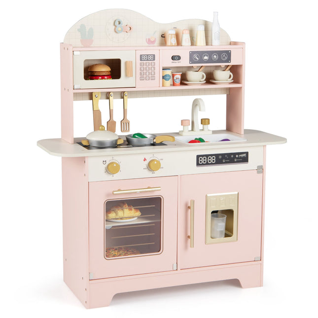Wooden Play Kitchen with Storage & 17 Accessories, Pink