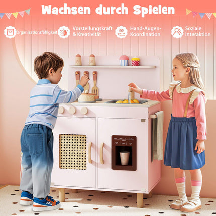Wooden Play Kitchen with Storage, Light & Sound, Pink
