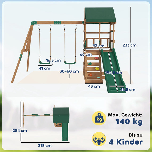 Wooden Play Tower with Slide, Swings, Climbing Wall for Kids