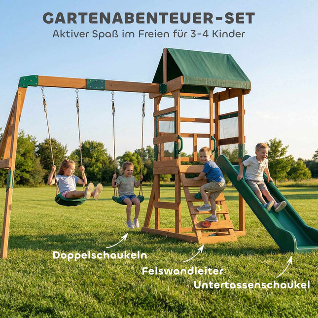Wooden Play Tower with Slide, Swings, Climbing Wall for Kids