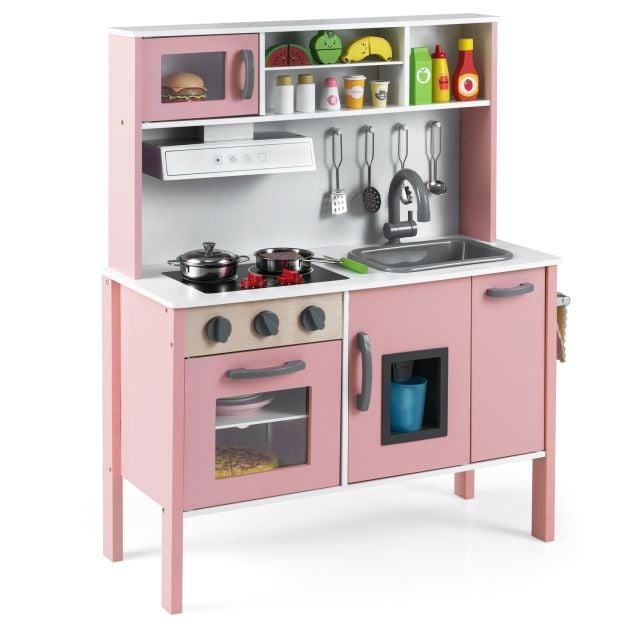 Wooden Pretend Play Kitchen Set, Pink White, Ages 3–6