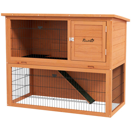 Wooden 2-story rabbit hutch with outdoor roof