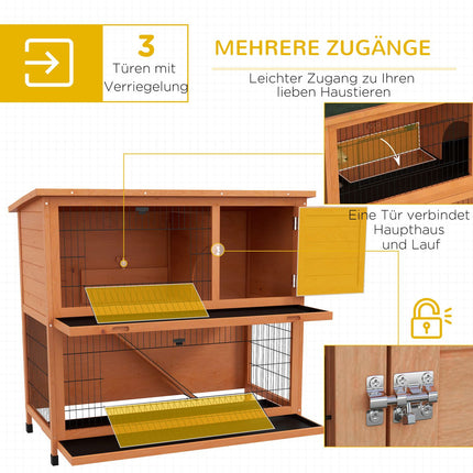 2-story wooden rabbit hutch with outdoor ramp