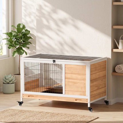 Wooden Rabbit Hutch with Wheels, 2 Levels, Yellow/White