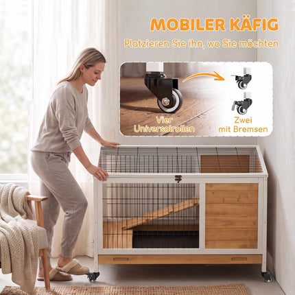 Wooden Rabbit Hutch with Wheels, 2 Levels, Yellow/White