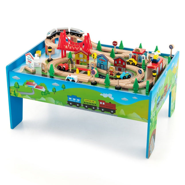 Wooden Railway Table 80-Piece Playset with Reversible & Removable Table Top 82.5 x 60 x 40 cm Multicolored