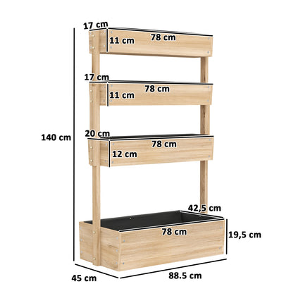 Houten verhoogd bed, plantenbed op 4 niveaus met drainagegaten, koud frame, tuinbed, plantenbak, 88,5 x 45 x 140 cm, moestuin voor tuin, balkon, plantenpot voor bloemen, planten, fruit, groenten