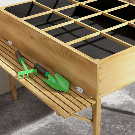 Raised wooden garden bed with 12 dividers and cold frame