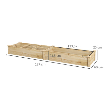Large wooden raised garden bed, 2 compartments, 237x60x25cm