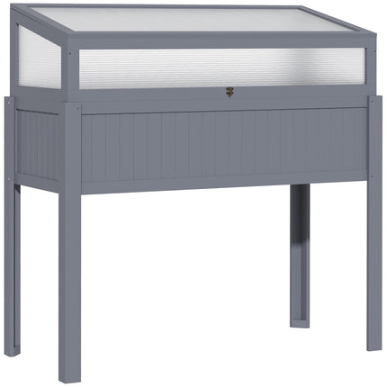 Raised wooden garden bed with cold frame greenhouse, gray