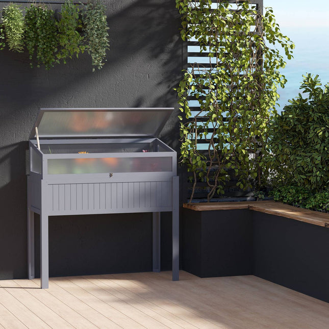Raised wooden garden bed with cold frame greenhouse, gray