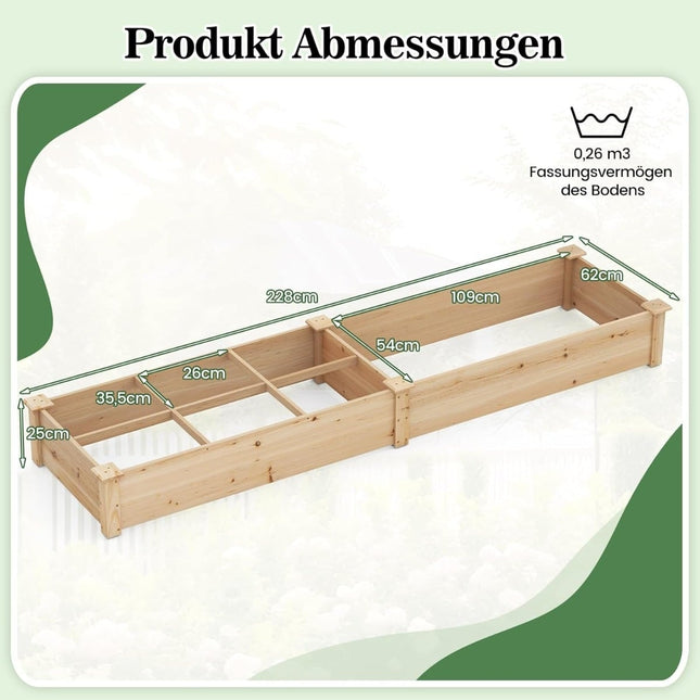 Wooden Raised Garden Bed with 2 Planters, 228x62x25 cm