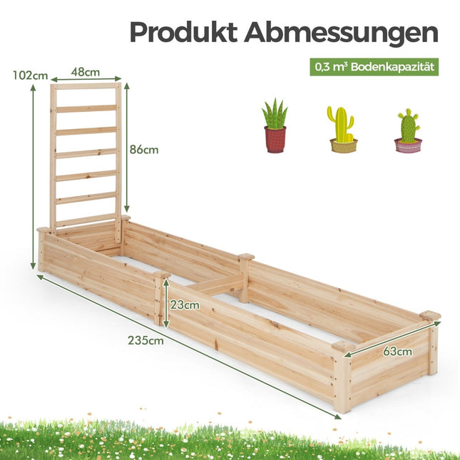 Wooden Raised Garden Bed with Trellis, 235x63x102 cm