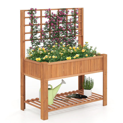 Wooden Raised Garden Bed with Trellis & Drainage Holes