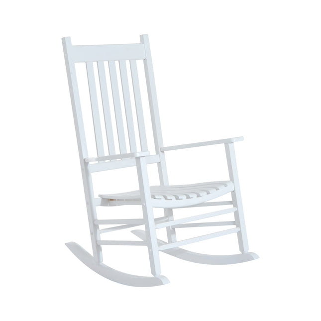 White wooden rocking chair with armrests for garden relaxation