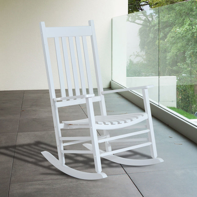 White wooden rocking chair with armrests for garden relaxation