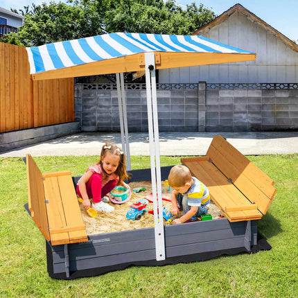 Wooden Sandbox With Canopy, Bench Seats, Bottom Liner
