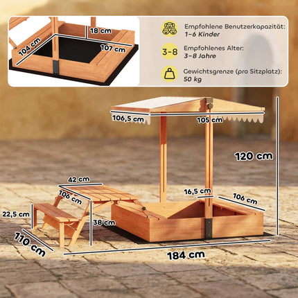 Wooden Sandbox with Adjustable Roof and Picnic Table