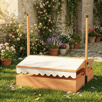 Wooden Sandbox with Adjustable Roof and Picnic Table