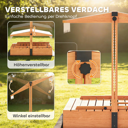 Wooden Sandbox with Adjustable Roof and Picnic Table