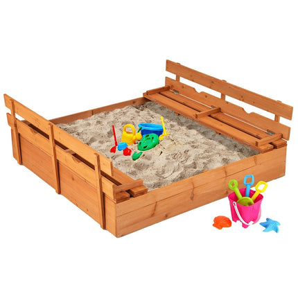 Wooden Sandbox with Benches, Lid & Liner, 120x120 cm