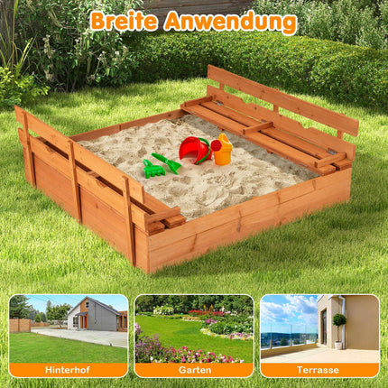 Wooden Sandbox with Benches, Lid & Liner, 120x120 cm