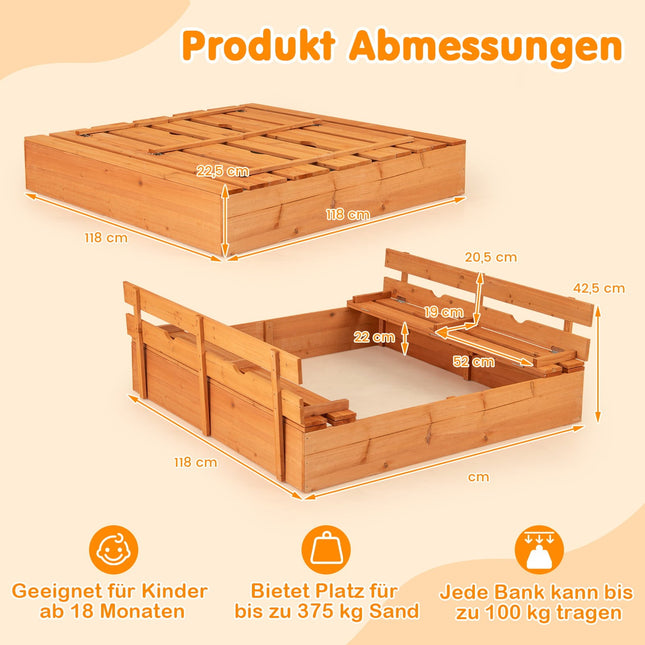 Wooden Sandbox with Benches, Lid & Liner, 120x120 cm