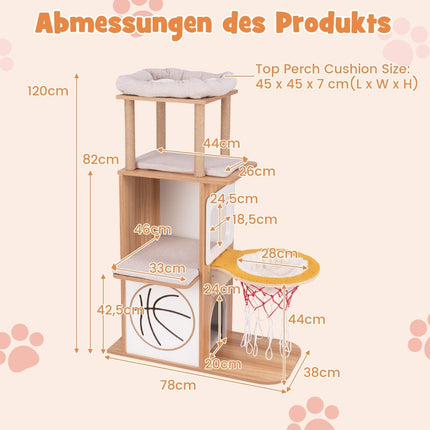Wooden Scratching Post 120cm Sports Theme Climbing Tower with 2-Tier Cat House Natural