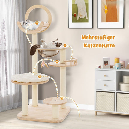 Wooden Scratching Post 4 DIY Shapes Cat Tree with Platforms & Space Capsule & Sisal Posts 60 x 60 x 146 cm Oak Wood Beige