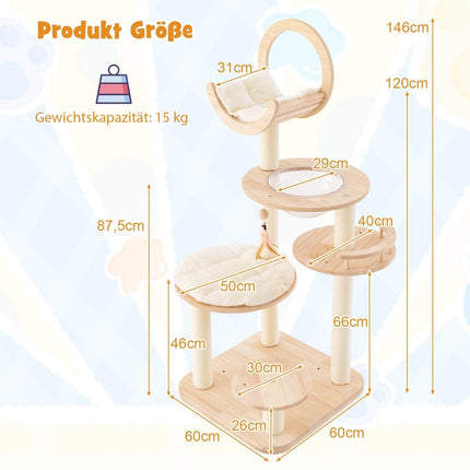 Wooden Scratching Post 4 DIY Shapes Cat Tree with Platforms & Space Capsule & Sisal Posts 60 x 60 x 146 cm Oak Wood Beige