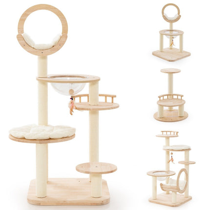 Wooden Scratching Post 4 DIY Shapes Cat Tree with Platforms & Space Capsule & Sisal Posts 60 x 60 x 146 cm Oak Wood Beige