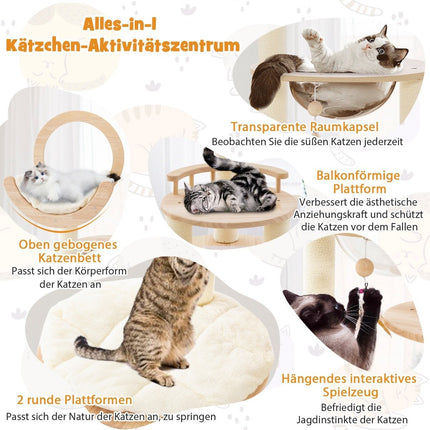 Wooden Scratching Post 4 DIY Shapes Cat Tree with Platforms & Space Capsule & Sisal Posts 60 x 60 x 146 cm Oak Wood Beige