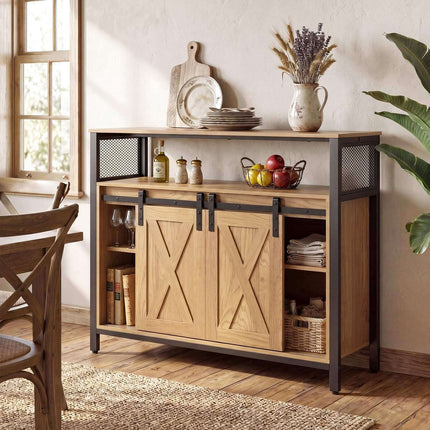 Wooden Sideboard with Metal Frame, Sliding Doors & Shelves