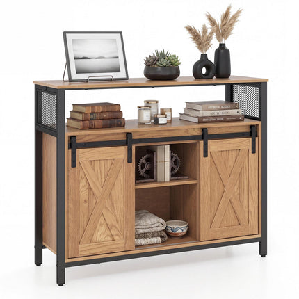 Wooden Sideboard with Metal Frame, Sliding Doors & Shelves