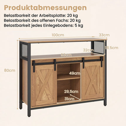 Wooden Sideboard with Metal Frame, Sliding Doors & Shelves