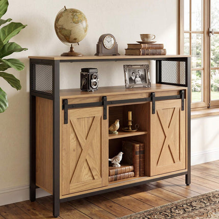 Wooden Sideboard with Metal Frame, Sliding Doors & Shelves