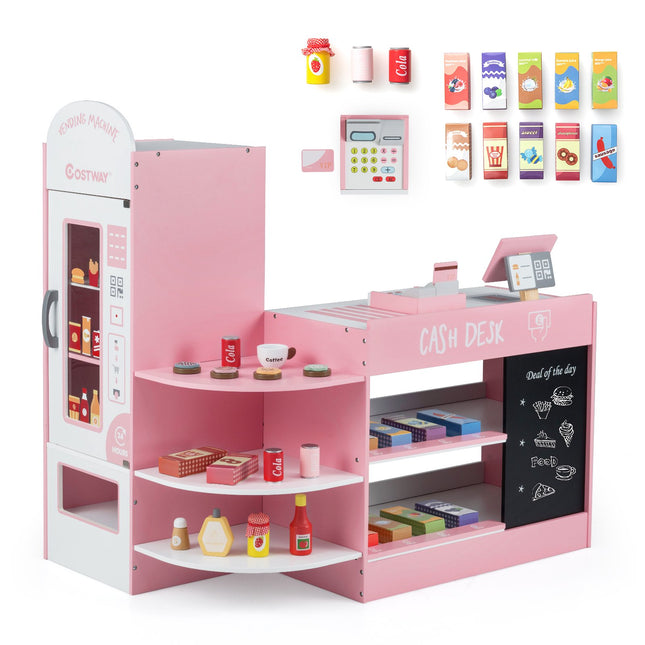 Wooden Supermarket Playset, Cash Register, Vending Machine, Pink