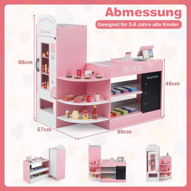 Wooden Supermarket Playset, Cash Register, Vending Machine, Pink