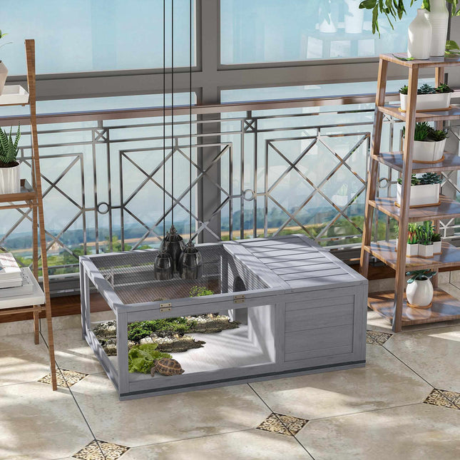 Wooden Tortoise House with Hinged Roof, 91x60.5x32 cm, Grey